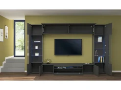 Móvel De Tv|Dmora Sistema de parede Clementino, conjunto de sala de TV com 6 portas, mobiliário de sala multiuso com luz LED, 100% Fabricado em Itália, 290x40h191 cm, Antracite Preto