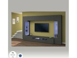 Móvel De Tv|Dmora Sistema de parede Clementino, conjunto de sala de TV com 6 portas, mobiliário de sala multiuso com luz LED, 100% Fabricado em Itália, 290x40h191 cm, Antracite Preto