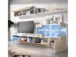 Móvel De Tv*Dmora Sistema de parede Daade, Conjunto modular de sala de canto, Móveis de sala multiposições com luz LED, 260x41h180 cm, Carvalho e Branco Castanho