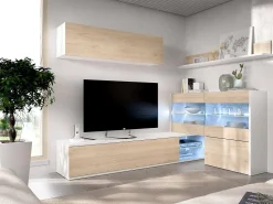 Móvel De Tv*Dmora Sistema de parede Daade, Conjunto modular de sala de canto, Móveis de sala multiposições com luz LED, 260x41h180 cm, Carvalho e Branco Castanho