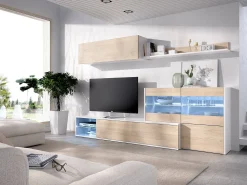 Móvel De Tv*Dmora Sistema de parede Daade, Conjunto modular de sala de canto, Móveis de sala multiposições com luz LED, 260x41h180 cm, Carvalho e Branco Castanho