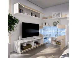 Móvel De Tv*Dmora Sistema de parede Daade, Conjunto modular de sala de canto, Móveis de sala multiposições com luz LED, 260x41h180 cm, Carvalho e Branco Castanho
