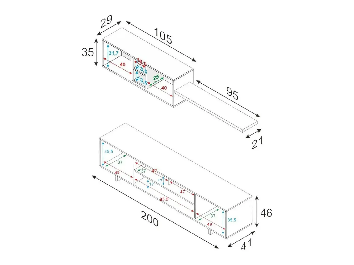 Móvel De Tv*Dmora Sistema de parede Dafanti, móvel de sala de TV, composição de conjunto de sala, conjunto de sala com móvel de parede, 200x41h46 cm, brilhante Branco