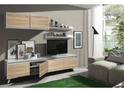 Móvel De Tv|Dmora Sistema de parede Daless, móvel de sala de TV, Composição de sala com móvel de parede e prateleira, 200x50h41 cm, e Carvalho Branco