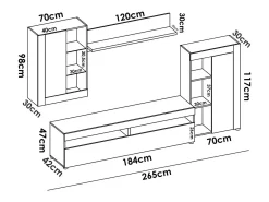 Dmora Sistema de parede Dament, Conjunto modular de sala, Móveis de sala multiposições, 265x42h180 cm, e Cimento^ Móvel De Tv