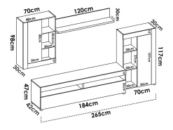 Dmora Sistema de parede Dament, Conjunto modular de sala, Móveis de sala multiposições, 265x42h180 cm, e Cimento^ Móvel De Tv