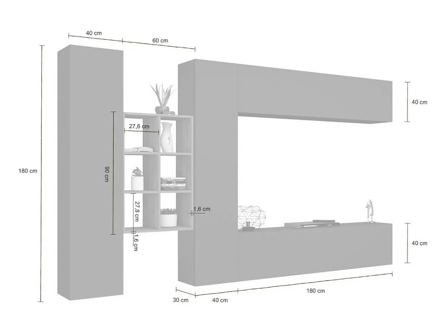 Móvel De Tv*Dmora Sistema de parede Danilo, conjunto de sala de TV com 4 portas, móveis de sala multiuso, 100% Fabricado na Itália, 280x30h180 cm, Antracite e Bordo Preto