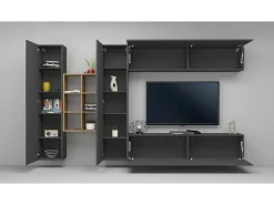 Móvel De Tv*Dmora Sistema de parede Danilo, conjunto de sala de TV com 4 portas, móveis de sala multiuso, 100% Fabricado na Itália, 280x30h180 cm, Antracite e Bordo Preto