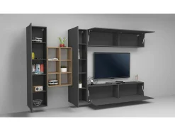 Móvel De Tv*Dmora Sistema de parede Danilo, conjunto de sala de TV com 4 portas, móveis de sala multiuso, 100% Fabricado na Itália, 280x30h180 cm, Antracite e Bordo Preto
