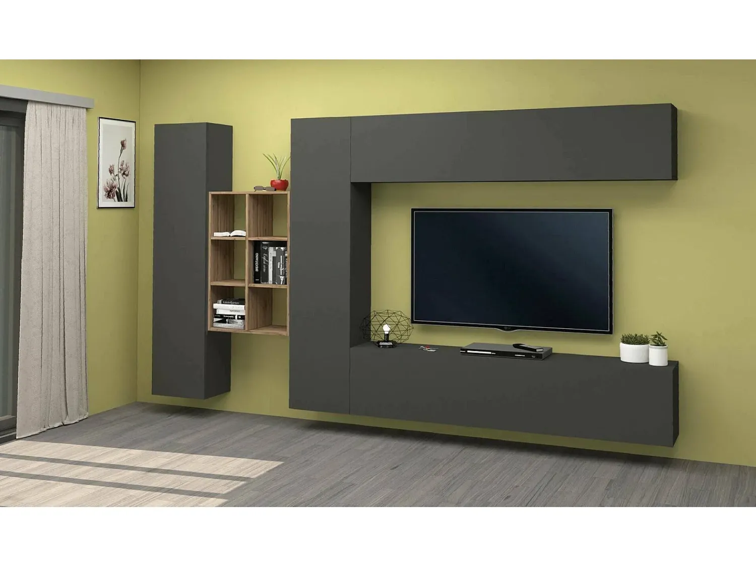 Móvel De Tv*Dmora Sistema de parede Danilo, conjunto de sala de TV com 4 portas, móveis de sala multiuso, 100% Fabricado na Itália, 280x30h180 cm, Antracite e Bordo Preto
