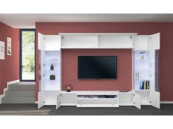 Móvel De Tv|Dmora Sistema de parede Dberard, conjunto de sala de TV com 6 portas, móveis de sala multiuso com luz LED, 100% Made in Italy, 290x40h191 cm, brilhante Branco