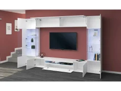 Móvel De Tv|Dmora Sistema de parede Dberard, conjunto de sala de TV com 6 portas, móveis de sala multiuso com luz LED, 100% Made in Italy, 290x40h191 cm, brilhante Branco