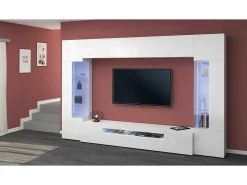 Móvel De Tv|Dmora Sistema de parede Dberard, conjunto de sala de TV com 6 portas, móveis de sala multiuso com luz LED, 100% Made in Italy, 290x40h191 cm, brilhante Branco