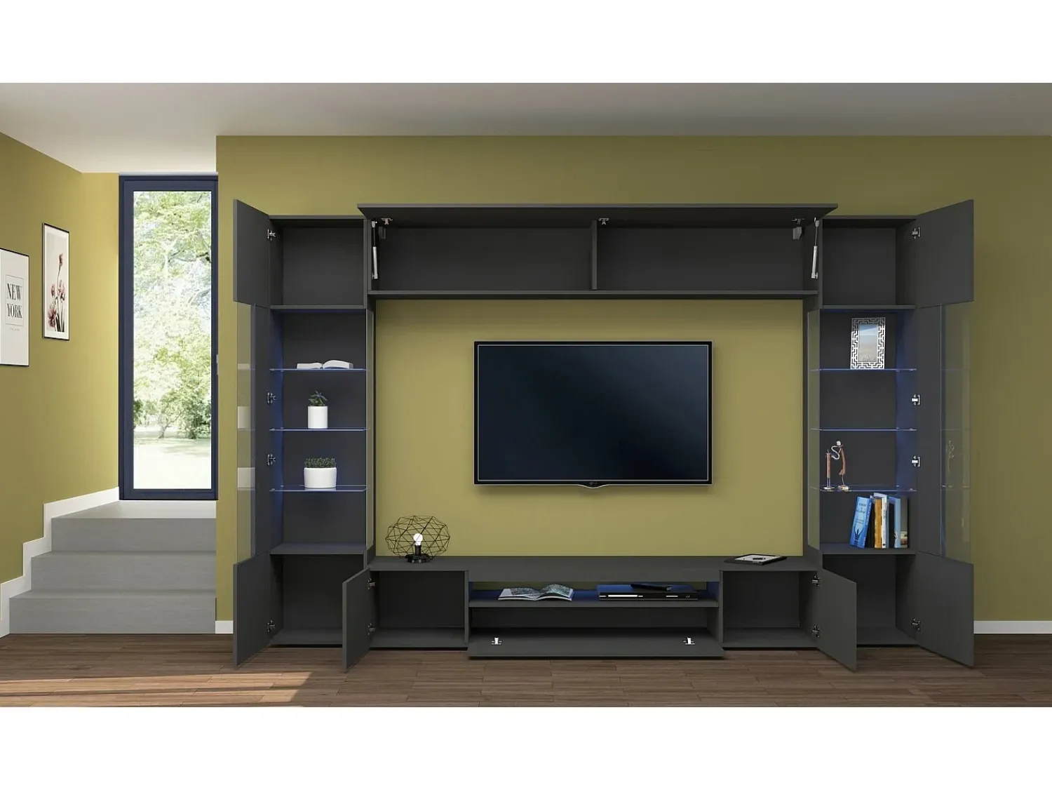 Dmora Sistema de parede Dberard, conjunto de sala de TV com 6 portas, móveis de sala multiuso com luz LED, 100% Fabricado na Itália, 290x40h191 cm, Antracite^ Móvel De Tv