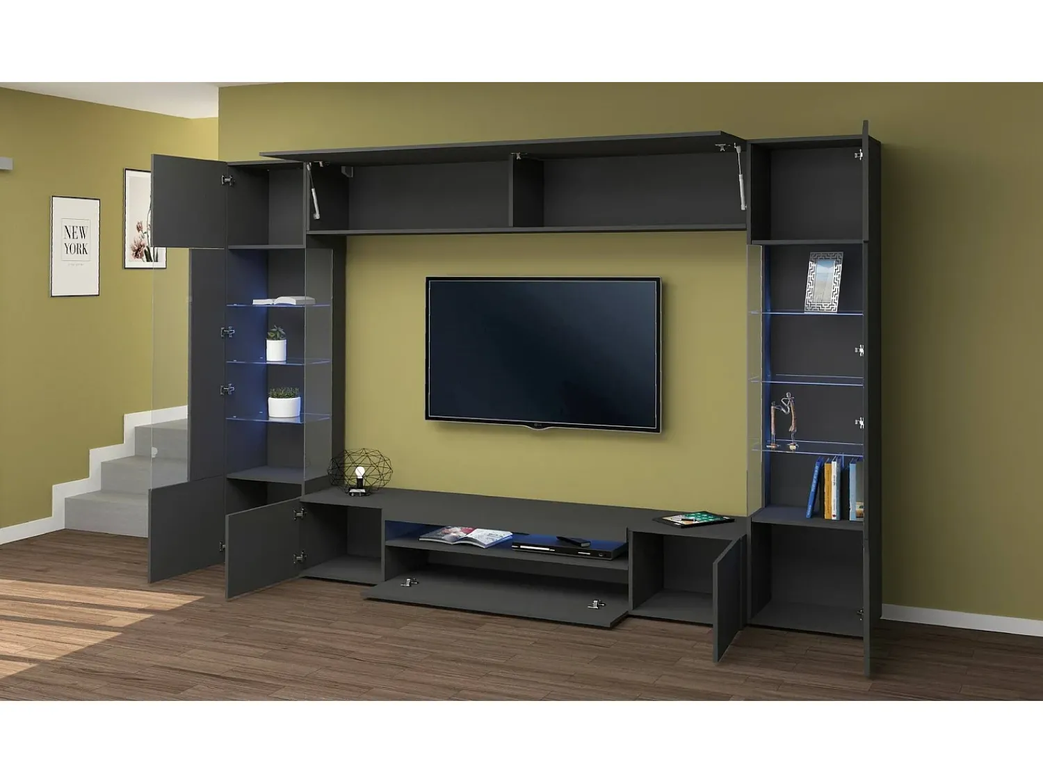 Dmora Sistema de parede Dberard, conjunto de sala de TV com 6 portas, móveis de sala multiuso com luz LED, 100% Fabricado na Itália, 290x40h191 cm, Antracite^ Móvel De Tv