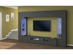 Dmora Sistema de parede Dberard, conjunto de sala de TV com 6 portas, móveis de sala multiuso com luz LED, 100% Fabricado na Itália, 290x40h191 cm, Antracite^ Móvel De Tv