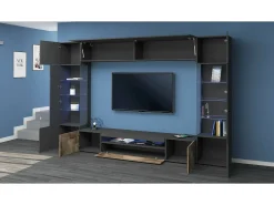 Sale Dmora Sistema de parede Dberard, conjunto de sala de TV com 6 portas, móveis de sala multiuso com luz LED, 100% Fabricado na Itália, 290x40h191 cm, Antracite e Bordo Preto