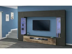 Sale Dmora Sistema de parede Dberard, conjunto de sala de TV com 6 portas, móveis de sala multiuso com luz LED, 100% Fabricado na Itália, 290x40h191 cm, Antracite e Bordo Preto