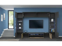 Sale Dmora Sistema de parede Dberard, conjunto de sala de TV com 6 portas, móveis de sala multiuso com luz LED, 100% Fabricado na Itália, 290x40h191 cm, Antracite e Bordo Preto