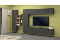Móvel De Tv*Dmora Sistema de parede Dcaldar, conjunto de sala de TV com 4 portas, móveis de sala multiuso, 100% Made in Italy, 280x30h180 cm, Antracite e Maple Preto