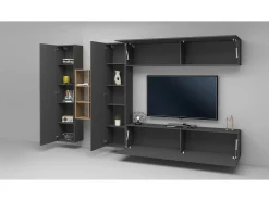 Móvel De Tv*Dmora Sistema de parede Dcaldar, conjunto de sala de TV com 4 portas, móveis de sala multiuso, 100% Made in Italy, 280x30h180 cm, Antracite e Maple Preto