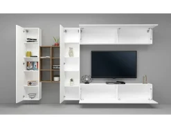 Móvel De Tv*Dmora Sistema de parede Dcaldar, conjunto de sala de TV com 4 portas, móveis de sala multiuso, 100% Fabricado na Itália, 280x30h180 cm, brilhante e bordo Branco