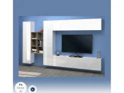 Móvel De Tv*Dmora Sistema de parede Dcaldar, conjunto de sala de TV com 4 portas, móveis de sala multiuso, 100% Fabricado na Itália, 280x30h180 cm, brilhante e bordo Branco