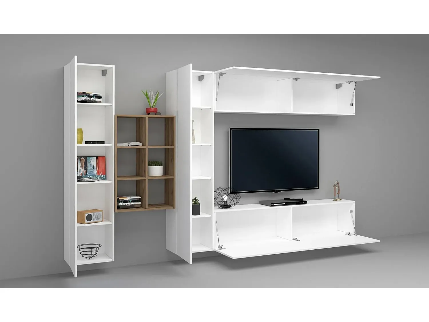 Móvel De Tv*Dmora Sistema de parede Dcaldar, conjunto de sala de TV com 4 portas, móveis de sala multiuso, 100% Fabricado na Itália, 280x30h180 cm, brilhante e bordo Branco