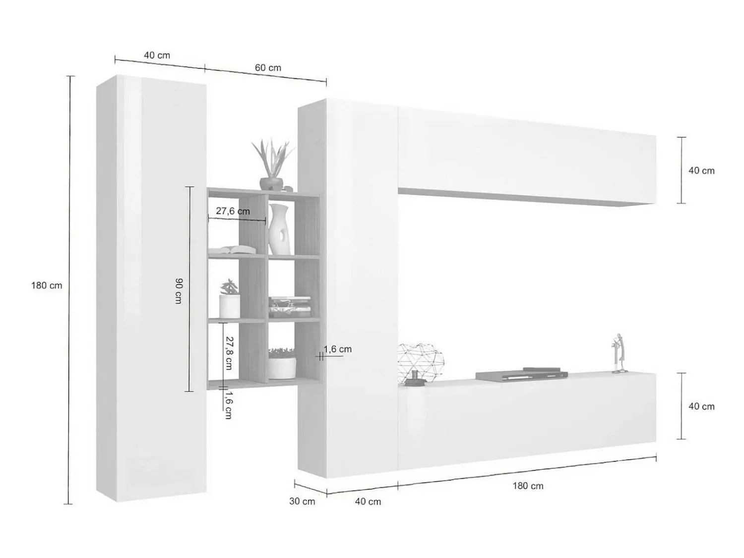 Móvel De Tv*Dmora Sistema de parede Dcaldar, conjunto de sala de TV com 4 portas, móveis de sala multiuso, 100% Fabricado na Itália, 280x30h180 cm, brilhante e bordo Branco