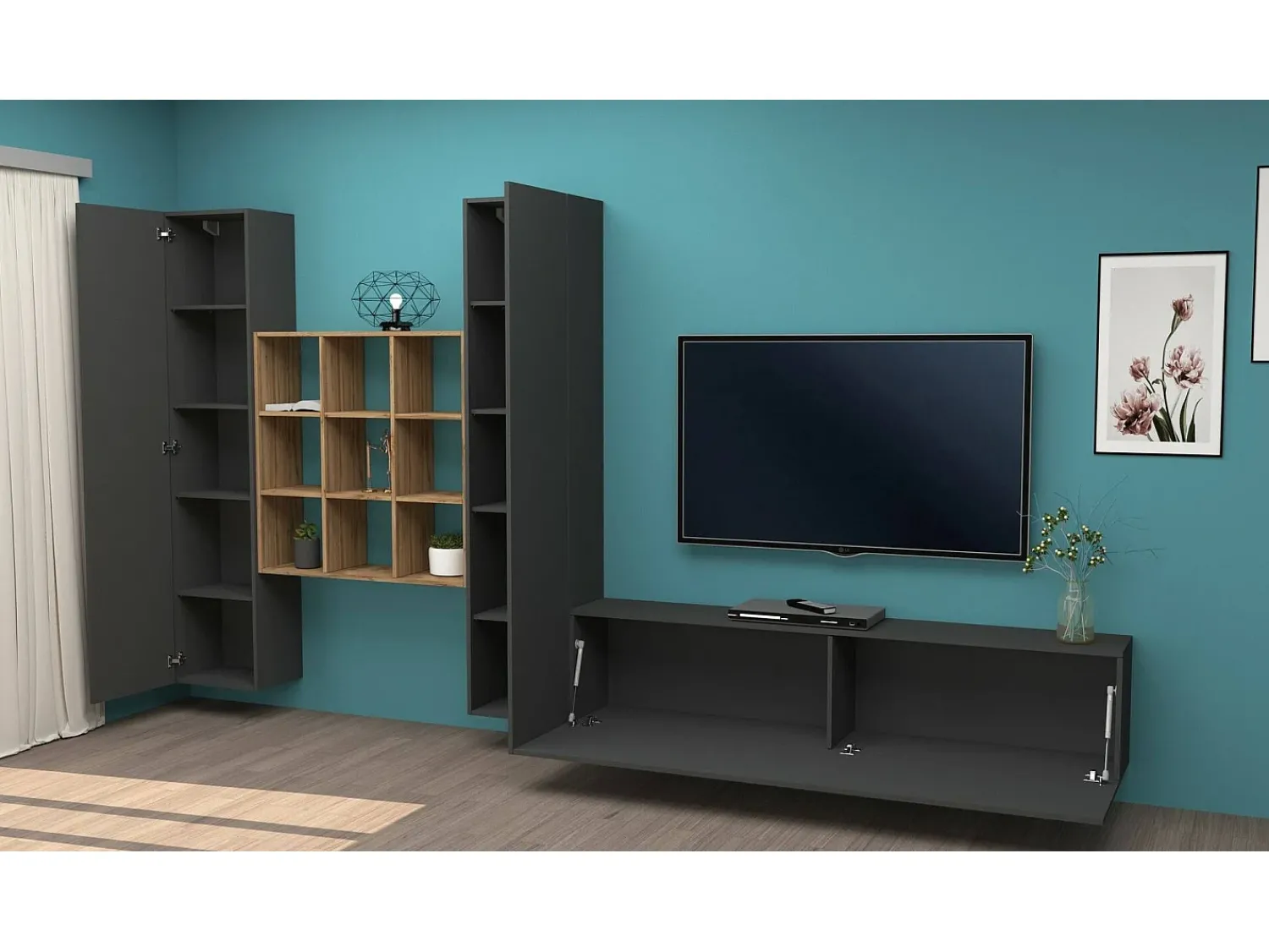 Dmora Sistema de parede Dcarbon, conjunto de sala de TV com 3 portas, móveis de sala multiuso, 100% Made in Italy, 270x30h180 cm, Antracite e Maple Preto