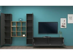 Dmora Sistema de parede Dcarbon, conjunto de sala de TV com 3 portas, móveis de sala multiuso, 100% Made in Italy, 270x30h180 cm, Antracite e Maple Preto