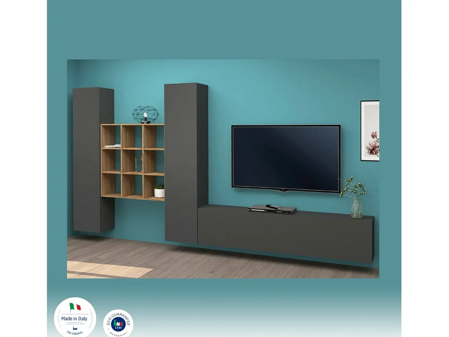 Dmora Sistema de parede Dcarbon, conjunto de sala de TV com 3 portas, móveis de sala multiuso, 100% Made in Italy, 270x30h180 cm, Antracite e Maple Preto