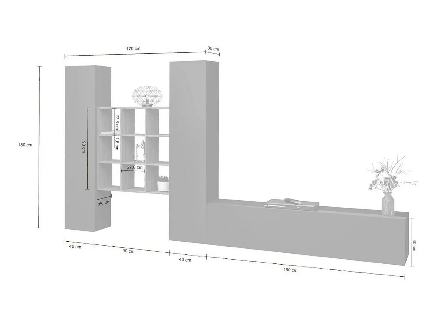 Dmora Sistema de parede Dcarbon, conjunto de sala de TV com 3 portas, móveis de sala multiuso, 100% Made in Italy, 270x30h180 cm, Antracite e Maple Preto