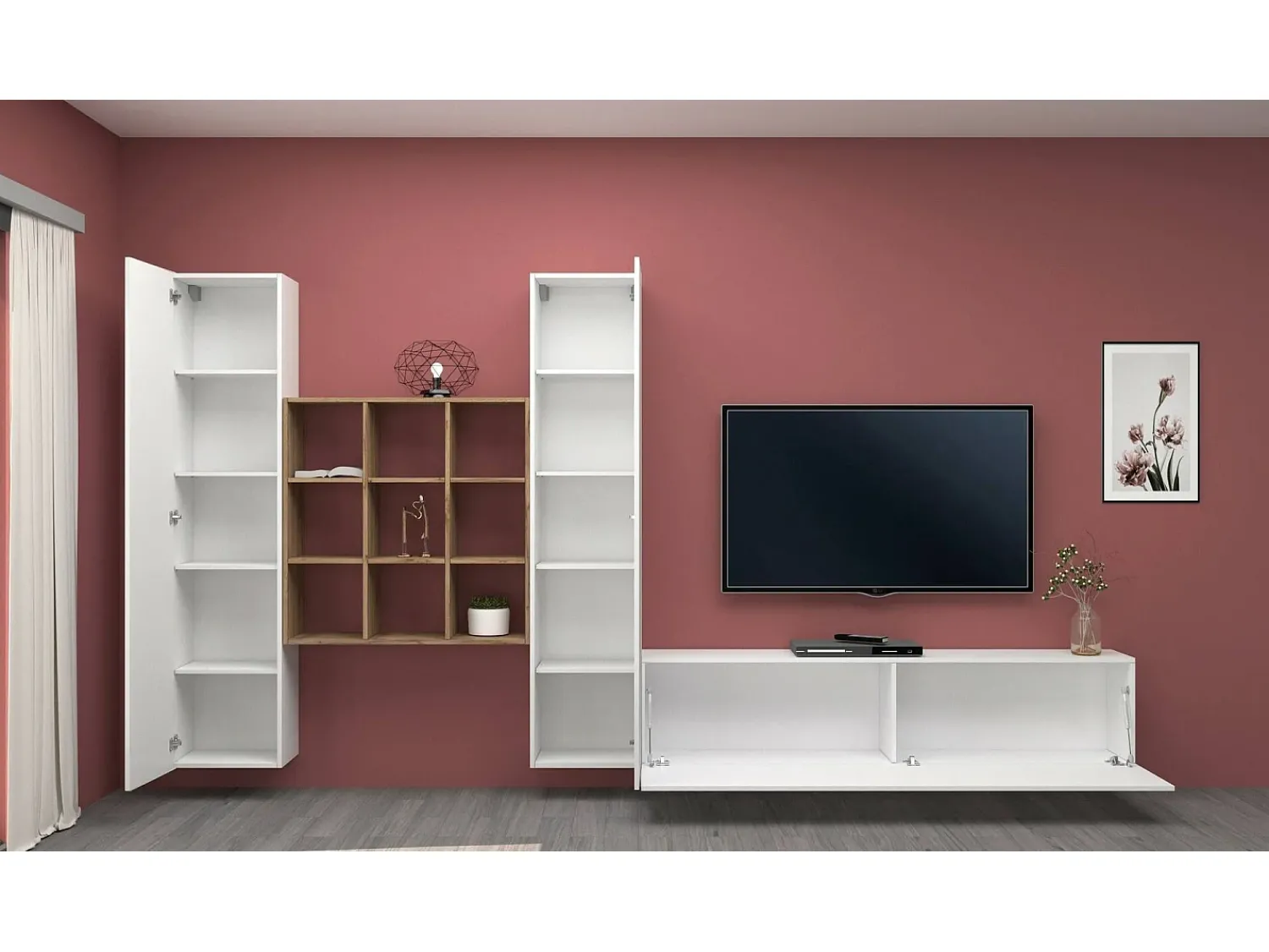 Dmora Sistema de parede Dcarbon, conjunto de sala de TV com 3 portas, móveis de sala multiuso, 100% fabricado na Itália, 270x30h180 cm, brilhante e bordo Branco