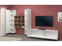 Dmora Sistema de parede Dcarbon, conjunto de sala de TV com 3 portas, móveis de sala multiuso, 100% fabricado na Itália, 270x30h180 cm, brilhante e bordo Branco