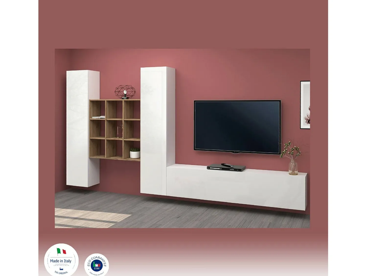 Dmora Sistema de parede Dcarbon, conjunto de sala de TV com 3 portas, móveis de sala multiuso, 100% fabricado na Itália, 270x30h180 cm, brilhante e bordo Branco