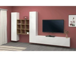Dmora Sistema de parede Dcarbon, conjunto de sala de TV com 3 portas, móveis de sala multiuso, 100% fabricado na Itália, 270x30h180 cm, brilhante e bordo Branco