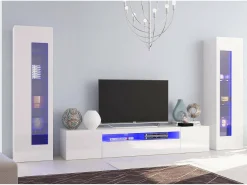 Hot Dmora Sistema de parede Dcontin, conjunto de sala de TV, móveis de sala multiuso com luz LED, 100% Fabricado na Itália, 290x40h162 cm, brilhante Branco