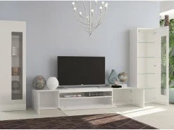 Hot Dmora Sistema de parede Dcontin, conjunto de sala de TV, móveis de sala multiuso com luz LED, 100% Fabricado na Itália, 290x40h162 cm, brilhante Branco