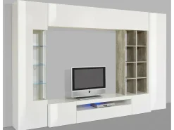 Móvel De Tv|Dmora Sistema de parede Dfazz, conjunto de sala de TV, móveis de sala multiuso, 100% fabricado na Itália, 290x40h192 cm, brilhante e concreto Branco
