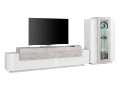 Móvel De Tv*Dmora Sistema de parede Djazir, conjunto de sala de TV, móveis de sala multiuso, 100% fabricado na Itália, 280x45h121 cm, brilhante e concreto Branco