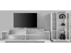 Móvel De Tv*Dmora Sistema de parede Djazir, conjunto de sala de TV, móveis de sala multiuso, 100% fabricado na Itália, 280x45h121 cm, brilhante e concreto Branco