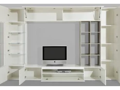Hot Dmora Sistema de parede Dlazzar, móvel de sala de TV, móveis de sala multiuso com luz LED, 100% Fabricado na Itália, 290x40h192 cm, Branco brilhante e concreto Branco sujo