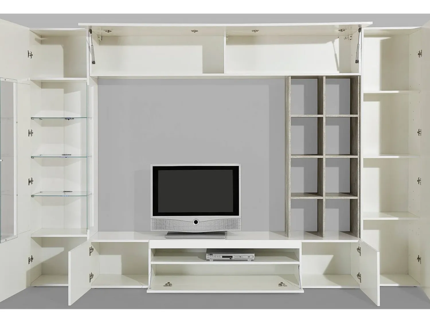 Hot Dmora Sistema de parede Dlazzar, móvel de sala de TV, móveis de sala multiuso com luz LED, 100% Fabricado na Itália, 290x40h192 cm, Branco brilhante e concreto Branco sujo