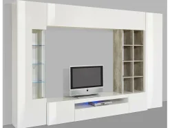 Hot Dmora Sistema de parede Dlazzar, móvel de sala de TV, móveis de sala multiuso com luz LED, 100% Fabricado na Itália, 290x40h192 cm, Branco brilhante e concreto Branco sujo