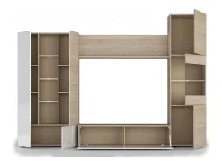 Dmora Sistema de parede Dmaj, Móvel de sala modular para TV, Composição de sala com móveis de parede e vitrines e luz LED, 260x42h185 cm, Carvalho e Branco^ Móvel De Tv