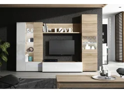 Dmora Sistema de parede Dmaj, Móvel de sala modular para TV, Composição de sala com móveis de parede e vitrines e luz LED, 260x42h185 cm, Carvalho e Branco^ Móvel De Tv