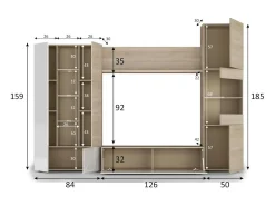 Dmora Sistema de parede Dmaj, Móvel de sala modular para TV, Composição de sala com móveis de parede e vitrines e luz LED, 260x42h185 cm, Carvalho e Branco^ Móvel De Tv