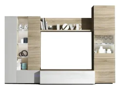 Dmora Sistema de parede Dmaj, Móvel de sala modular para TV, Composição de sala com móveis de parede e vitrines e luz LED, 260x42h185 cm, Carvalho e Branco^ Móvel De Tv