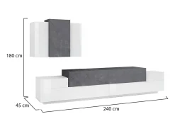 Dmora Sistema de parede Dmar, conjunto de sala de TV, móveis de sala multiuso, 100% fabricado na Itália, 240x45h180 cm, brilhante e ardósia Branco